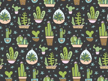 Saksı çiçekli vektör dokusu, hoş bitkiler dikişsiz doku, kawaii kaktüs kumaşı, bahçe karalama süsü..