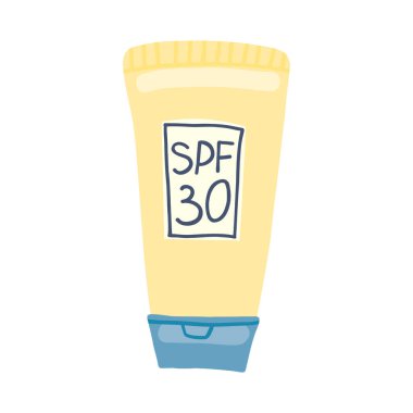 Sarı bir SPF 30 güneş kremi, mavi kapaklı, basit bir el yapımı. Yaz temalı tasarımlar için ideal, güneşin korunması ve cilt bakımının vurgulanması.