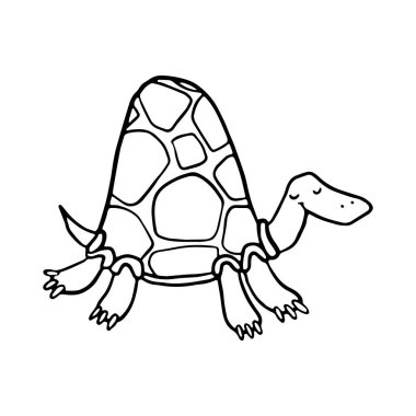 A delightful black and white illustration of a tortoise with a smiling face, walking slowly. Simple design is perfect for educational books, childrens activities, or as a fun coloring page for kids. clipart