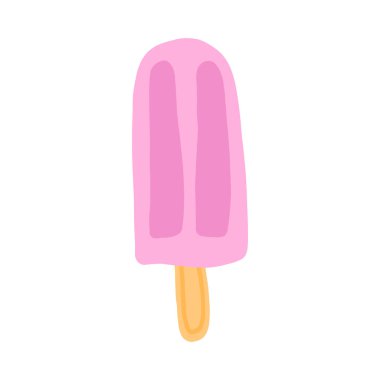 Tahta bir çubuğa pembe buzlu şeker çizilmiş basit bir çizim. Minimalist tasarım serinletici, ferahlatıcı, dondurulmuş bir ikram sergiliyor, yaz temalı projeler veya yiyecekle ilgili içerikler için mükemmel.