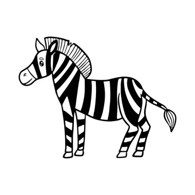 Siyah beyaz çizgili şirin bir zebra çizimi, oyuncu bir duruşta duruyor. Çocuk tasarımları, hayvan temalı projeler ve yaratıcı sanat eserleri için mükemmel.