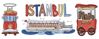 İstanbul tramvayı, feribot ve simit arabası. Türk sokak yemeklerini, ikonik simgeleri ve yerel taşımacılığı vurgulayan seyahat blogları için harika.