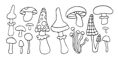Değişik mantar şekilleri içeren tuhaf mantar karalamaları aktivite sayfası. Doğa severler, orman temaları ya da botanik esinlenilmiş sanat eserleri ve çizimler için mükemmel..