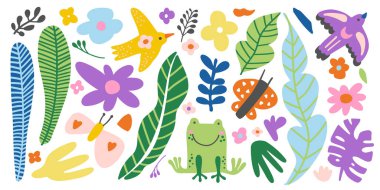 Yeşil yapraklar, renkli çiçekler, sarı bir kuş, bir kurbağa ve bir kelebeğin yer aldığı parlak orman illüstrasyonu. Çocuklar için mükemmel tropikal doğa ve çocuklar için vahşi yaşam teması.