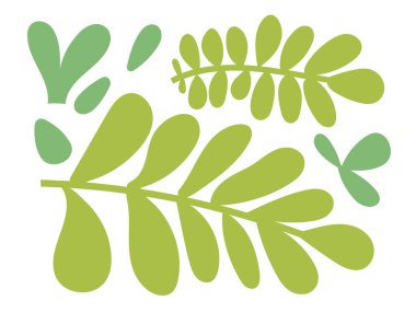 Düz yeşil yapraklar ve çeşitli şekillerde botanik çizimler. Çevre dostu tasarımlar, bahar dekorasyonları ve doğal temalı projeler için ideal..