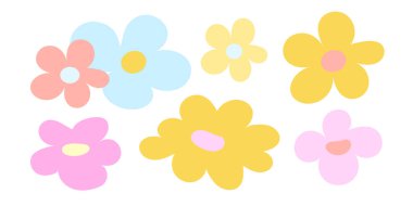 Pembe, sarı, mavi ve şeftali renginde tuhaf pastel renkler. Bahar dekoru için harika, çocuk el sanatları, albüm parçaları ve neşeli şablonlar için..