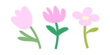 Pastel, yeşil saplı pembe bahar çiçekleri. Çiçek tasarımı projeleri, botanik çizimler, doğal dekor, kır çiçeği kırpması ve mevsimlik dekorasyonlar için ideal.