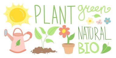 Yeşil bitkiler, sulama tenekesi, güneş, toprak ve çiçeklerle eko karalama çizimi. Sürdürülebilirlik, organik, doğal ve biyotemalı projeler için mükemmel.