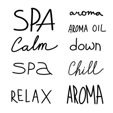 Tipografi odaklı sağlık projeleri, bütünsel görseller, mum markalaşması veya meditasyon malzemesi için spa ve aroma el yazısıyla yazılmış kelimeler.