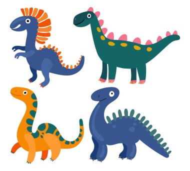 Dost canlısı çizgi film dinozorları, parlak renkleri, gülümseyen yüzleri ve çocuklar için ideal oyuncu duruşları olan tarih öncesi temalar ve eğlenceli çizimler..