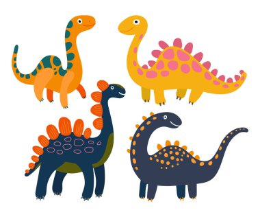 Canlı renkleri olan neşeli karikatür dinozorları, eğitici çıkartmalar, doğum günü posterleri ve tarih öncesi eğlenceli illüstrasyon setleri için mükemmel..