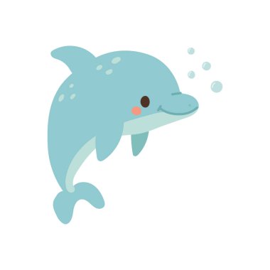 Kabarcıklar ve kıvrımlı kuyruklu gülümseyen mavi yunus karikatürü, su karakterleri için harika, deniz hayvanı dekoru, ve neşeli okyanus grafikleri.