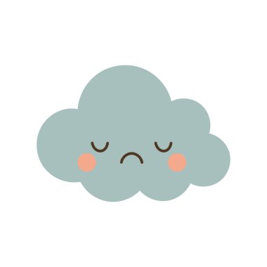 Kapalı gözleri ve yumuşak kaşları olan karamsar gri bulut, duygusal hava ikonları için mükemmel, sakin gökyüzü modları, ve basit karikatür tarzı çizimler.