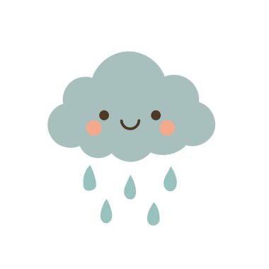 Mavi damlacıklı gülen yağmur bulutları, hava durumu çizimleri, mevsimlik doğa sanatı ve yağış tasarımları için sevimli karikatür grafikleri için harika..