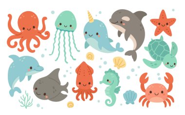 Yunus, mürekkep balığı, yengeç ve deniz gergedanı da dahil olmak üzere bir grup sevimli okyanus hayvanı renkli deniz yaban hayatı koleksiyonları ve eğlenceli su manzaraları için tasarlandı..