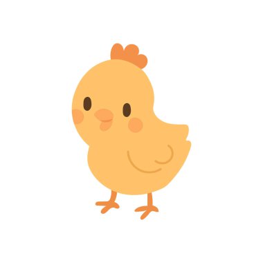 Küçük gagalı, parlak gözlü, neşeli bir şekilde çizilmiş sarı bebek. Paskalya grafikleri, çiftlik posterleri ve kümes hayvanları için harika..