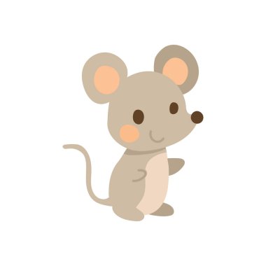 Yuvarlak kulaklı sevimli ayakta duran fare ve şirin çocuksu bir tarzda küçük pençeler, çocuk kitapları, hayvan tasarımları ve evcil hayvan çizimleri için harika..