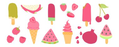 Canlı kırmızı ve pembe dondurma, buzlu dondurma, ve karpuz, kiraz ve ahududu içeren meyveler yaz tatlıları için cesur, meyveli titreşimler sunar..