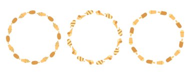 Yuvarlak karamelli dondurma, çikolatalı dondurma, vanilyalı dondurma, ve parlak desenli gevrek kıvrımlar, yaz tatlısı dekorasyonu ve tasarımı için mükemmel..