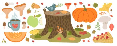 Sonbahar hasat sahnesi, balkabağı, elma, kütük, meşe palamudu, mantar ve rahat kahve fincanı, mevsimsel tasarımlar ve kırsal orman titreşimleri için mükemmel..