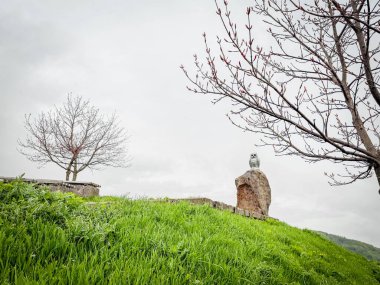 Gürcistan, Didgori, Sakartvelo, oyulmuş bir baykuş heykeli taze yeşil çimenler ve çıplak ağaçların arasında durmaktadır..