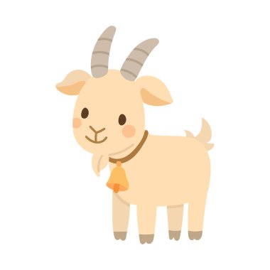 Kavisli boynuzları, küçük sakalı ve turuncu yakası olan güzel bir bej keçi çizgi filmi. Çiftlik sahneleri ve kırsal hayvan resimleri için ideal..