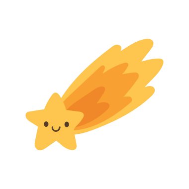 Parlak turuncu çizgileri ve parlak tasarımı olan gülümseyen sarı kayan yıldız. Gece gökyüzü temaları ve çocuk çizimleri için eğlenceli göksel öğeler.