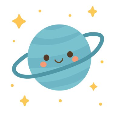 Kawaii Satürn 'ün parlak halkaları ve pembe yanakları uzayda süzülüyor, astronomi öğrenmek için ideal görsel, göksel çocuk posterleri, ya da uzay temalı tasarımlar.