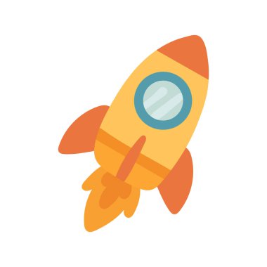 Turuncu alevler ve mavi pencereyle fırlatılan renkli çizgi film roketleri, çocuklar için ideal uzay temaları, bilim öğrenme görselleri veya oyuncu tasarım varlıkları.