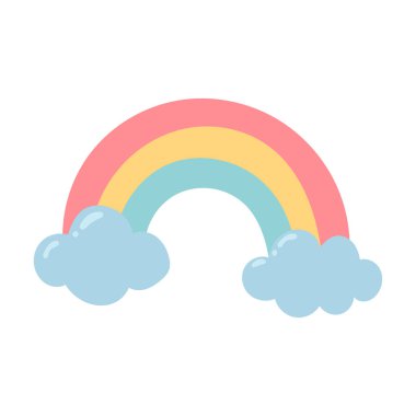 Pastel gökkuşağı kemerleri parlak, neşeli bir çizgi filmdeki tüylü mavi bulutlar arasında, çocuklar için ideal, hava ikonları, ya da eğlenceli fantezi sanat eserleri.