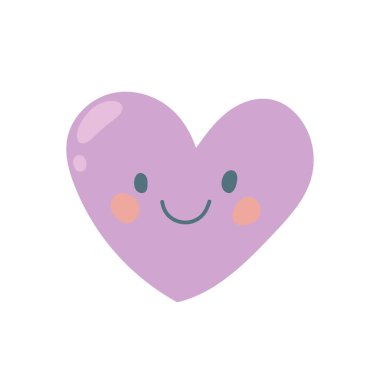 Sevimli mor kalp, neşeli gülümseme ve allık yanaklar, Sevgililer Günü grafikleri, bebek tasarımları, ya da pozitif duygusal ifade simgeleri için ideal..