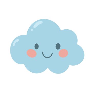Kawaii mavi bulutu, pembe yanakları ve nazik gülümsemesiyle. Hava ikonları, çocuk resimleri ve neşeli çizgi film karakterleri için ideal..