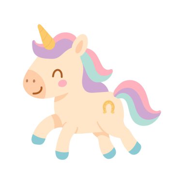 Gökkuşağı yeleli, altın nallı ve mutlu gülüşlü sevimli pastel tek boynuzlu at. Çocuk tasarımları, fantezi temaları ve büyülü karakter çizimleri için mükemmel..