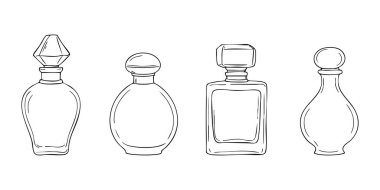 Parfüm şişesi camı ve kozmetik şekiller lüks ambalaj tasarımı ile özetlenmiş. Aroma ve koku konsepti olan zarif bir konteyner eskizi. Markalaşmaya, kaplıcaya ya da moda içeriğine uygun.