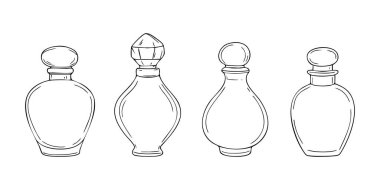 Parfüm ve ince çizgili sanat aromalı zarif cam şişe seti. Güzellik taslağı ya da minimalist markalaşma için eskiz kokusu tasarımı. Paketleme, illüstrasyon veya cilt görselleri için harika.