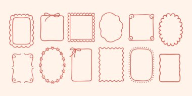 Kıvırcık dalgalı ve oval kurdele elementli allık rengi kenarlı çerçeve. Yumuşak yerleşim için hassas tasarımı olan nokta yay kare çizimi. Kız etiketleri ya da not şablonları için mükemmel.