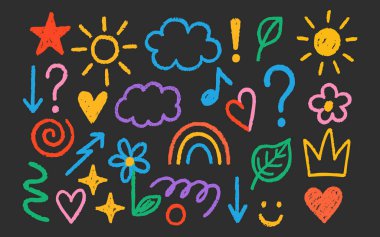 Anaokulu tebeşiri. Parlak gökkuşağı yıldızlı konfeti kıvılcımları ve tebeşir dokusunda neşeli kıvılcımlar. Kalp çiçeği yaprağı ve ok renkli bir kişilik ekler. Çocuklar için harika, oyna..