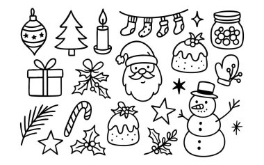 Noel Baba, kardan adam, hediye, tatil mumu ve süsü olan ikonlar şenlik havası katıyor. Her bir eldiven ya da kutsal detay tatlı ya da neşeli bir kış dokunuşu için çizilmiş. Kutlama için kullan.