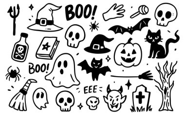 Cadılar Bayramı hayaleti ve kafatası çizimleri bu ürkütücü sette balkabağı, yarasa ve cadı elementleriyle eşleştiriliyor. Süpürge, perili ağaçlar ya da ürkütücü ya da ürkütücü dekoru çizmek için çizgiler kullanın. Eğlence ve dehşet için tasarlandı..