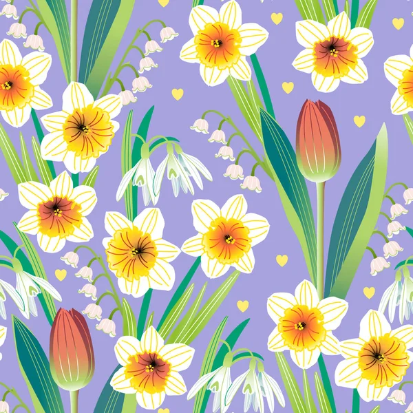 Vector Seamless Pattern Spring Flowers Daffodils Tulips Lilies Valley Snowdrops — Archivo Imágenes Vectoriales