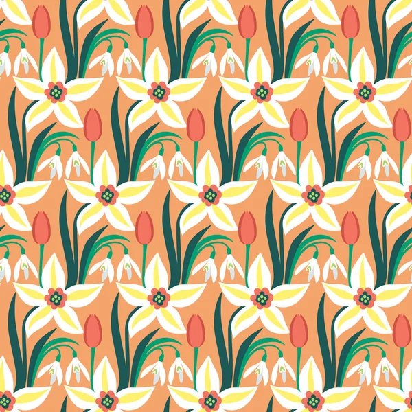 Vector Seamless Pattern Spring Flowers Daffodils Tulips Snowdrops — стоковый вектор