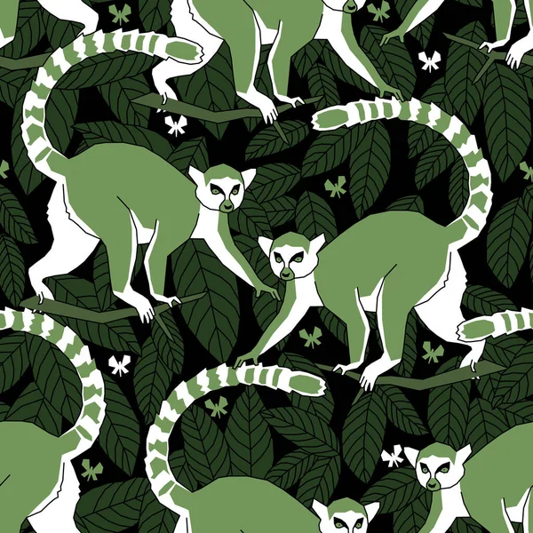 Vector Seamless Pattern Lemurs Night Tropical Forest — ストックベクタ