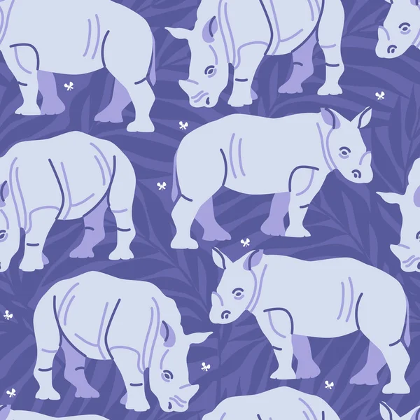 Vector Seamless Pattern Rhinos Night Savanna — Stock Vector