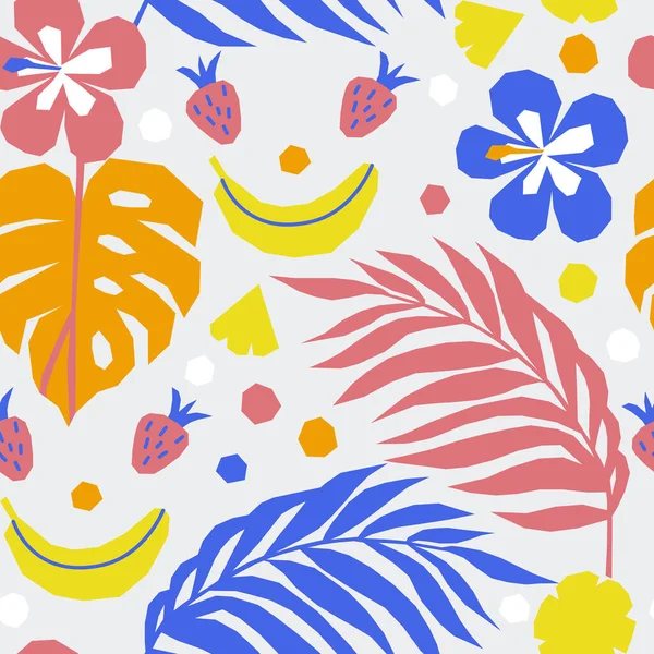 Vector Seamless Pattern Funny Faces Made Strawberries Bananas Palm Leaves — Stockvektor