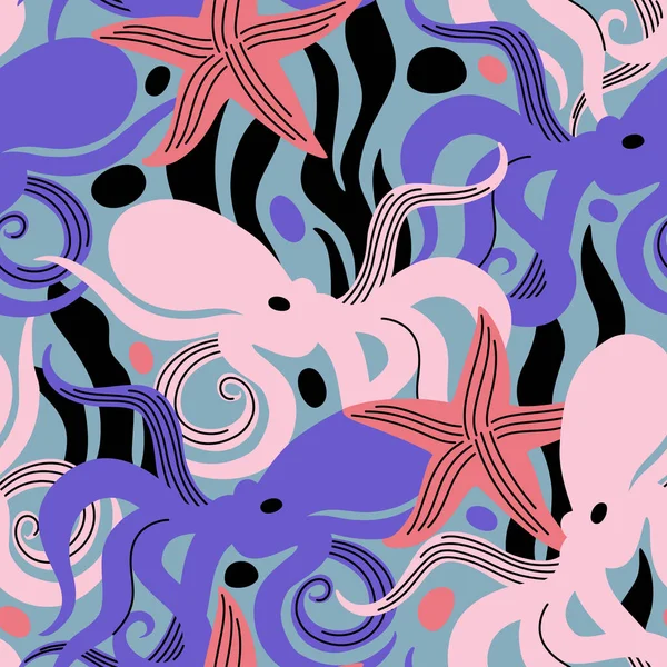Vector Seamless Pattern Octopuses Starfish — Wektor stockowy