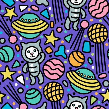 Vector seamless pattern with cats in the cosmos 