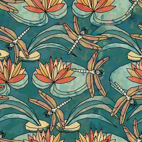 Seamless Pattern Vintage Stained Glass Technique Style Pond Water Lilies — Stock fotografie