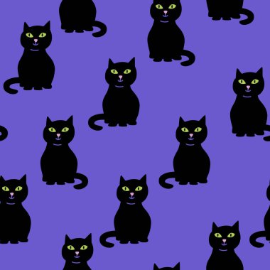 Vector seamless pattern with black cats on violet background
