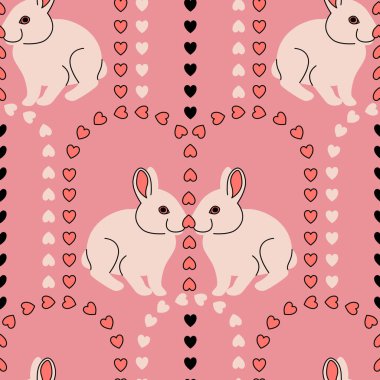 Vector seamless wallpaper pattern for valentines day with a pair of rabbits among the arches of hearts