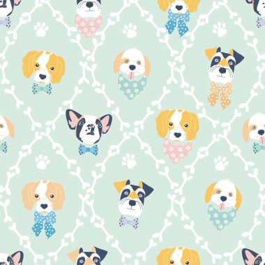 Vector seamless wallpaper pattern with funny muzzles of dogs of different breeds in bow ties and neck scarves